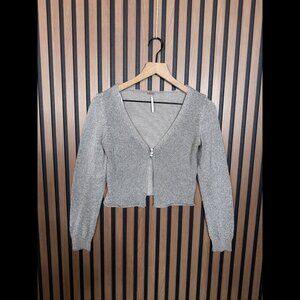 Free People Sweater XS Womens Gray Marled Knit Metallic Open Front Button Top